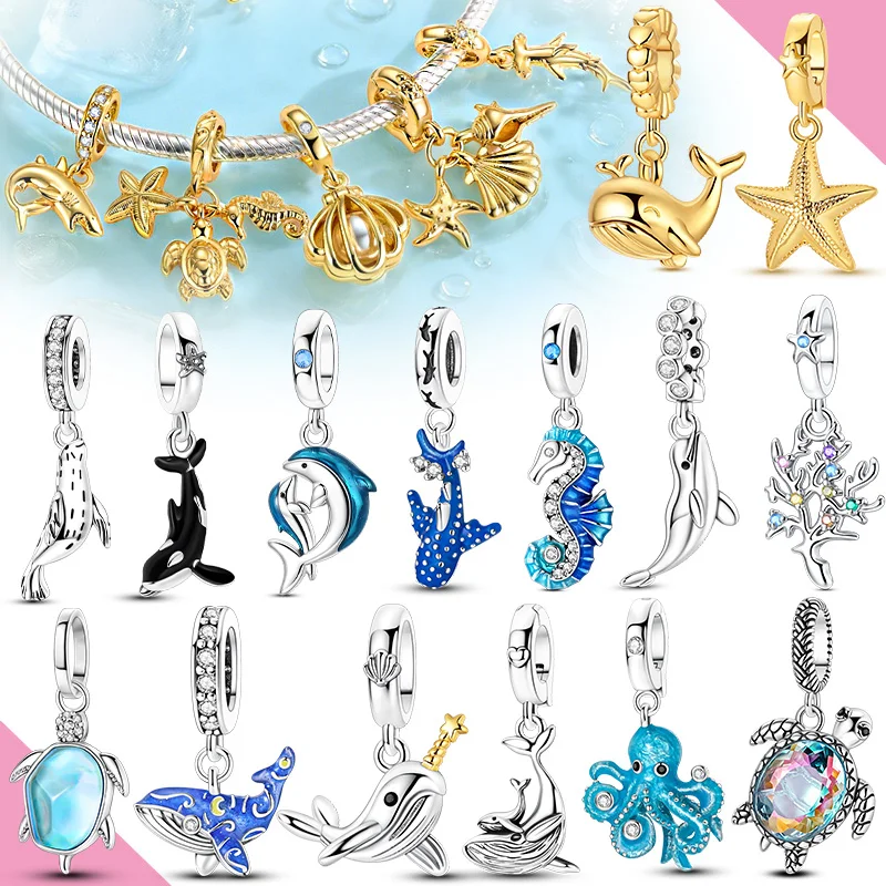 925 Sterling Silver Original Charms Gold Marine Animals Whale Tortoise Seahorse Pendant Beads Fit Bracelet Diy For Women Jewelry