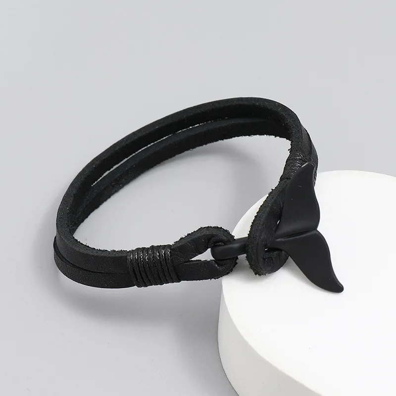 Whale Tail Leather Bracelet for Men Women Multi Wrap Black Genuine Leather Wristband Adjustable Ocean Theme Surfer Jewelry Gift