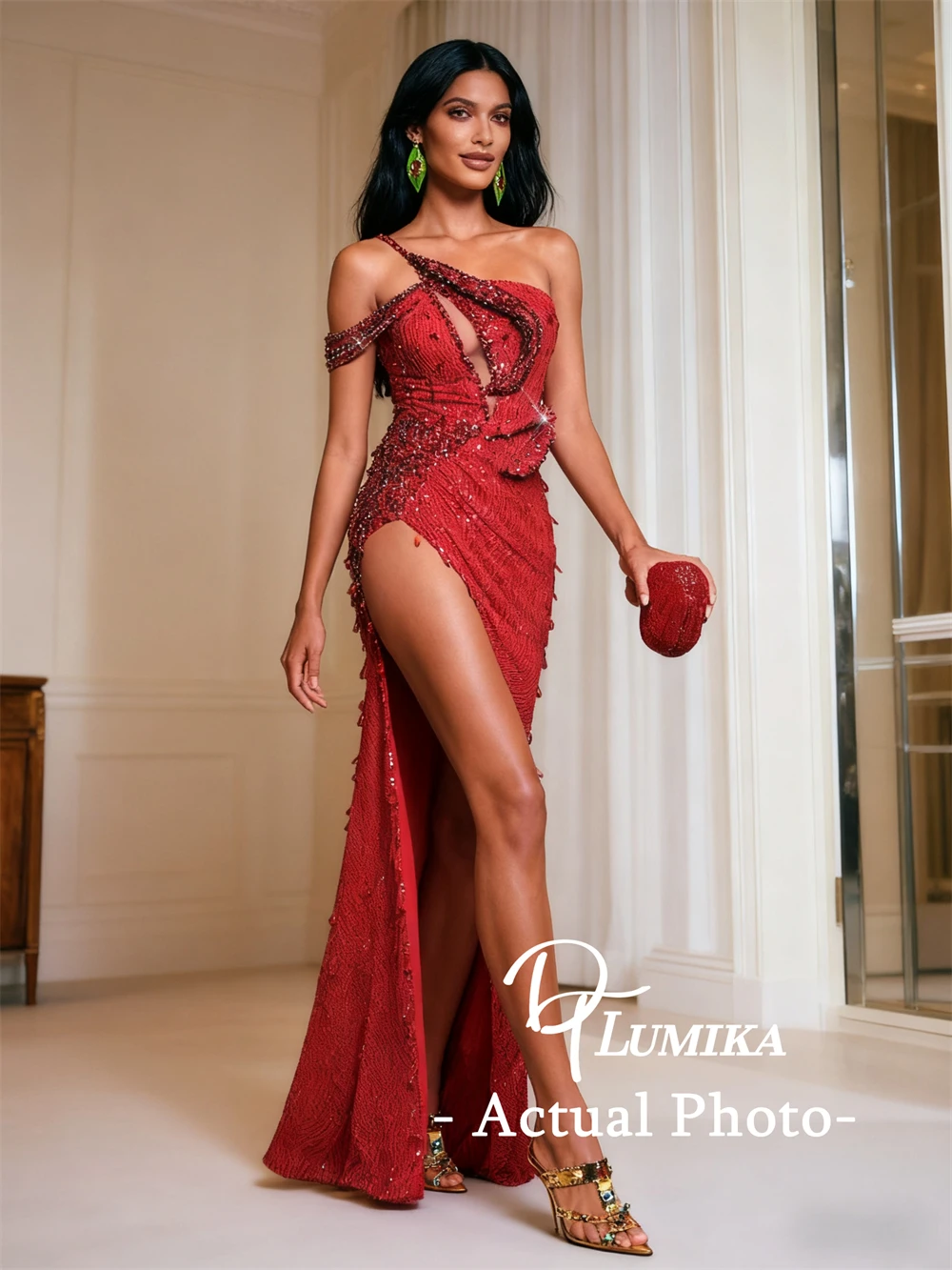 

DTLumika Женское платье макси с разрезом и пайетками на одно плечо