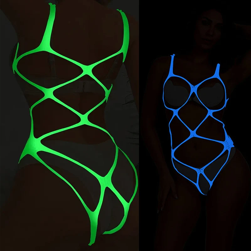 Ropa sexual verde y azul que brilla en la oscuridad para adultos, lencería Sexual, mono de peluche para mujer, sujetador abierto, juguete Sexy Bdsm sin entrepierna