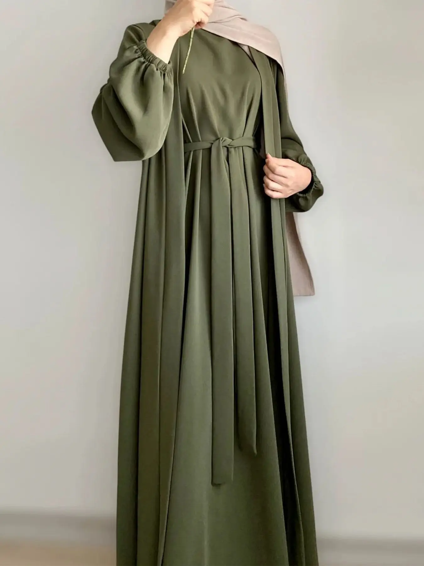 Ramadan Eid Djellaba Elastic Sleeve Suits Abaya Dubai Two pieces Muslim Sets Abaya Turkey Muslim Islam Abayas With Belt WY1938