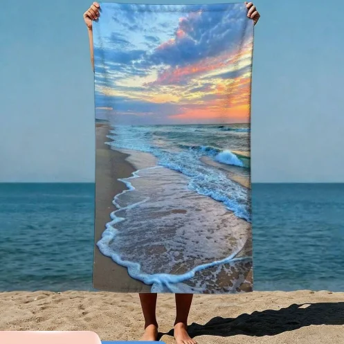 1 Pc Sunset Beach Waves and Sand Impressionist Style Beach Towels for Swimming Pool Microfiber Sand Free Fast Drying Beach Towel