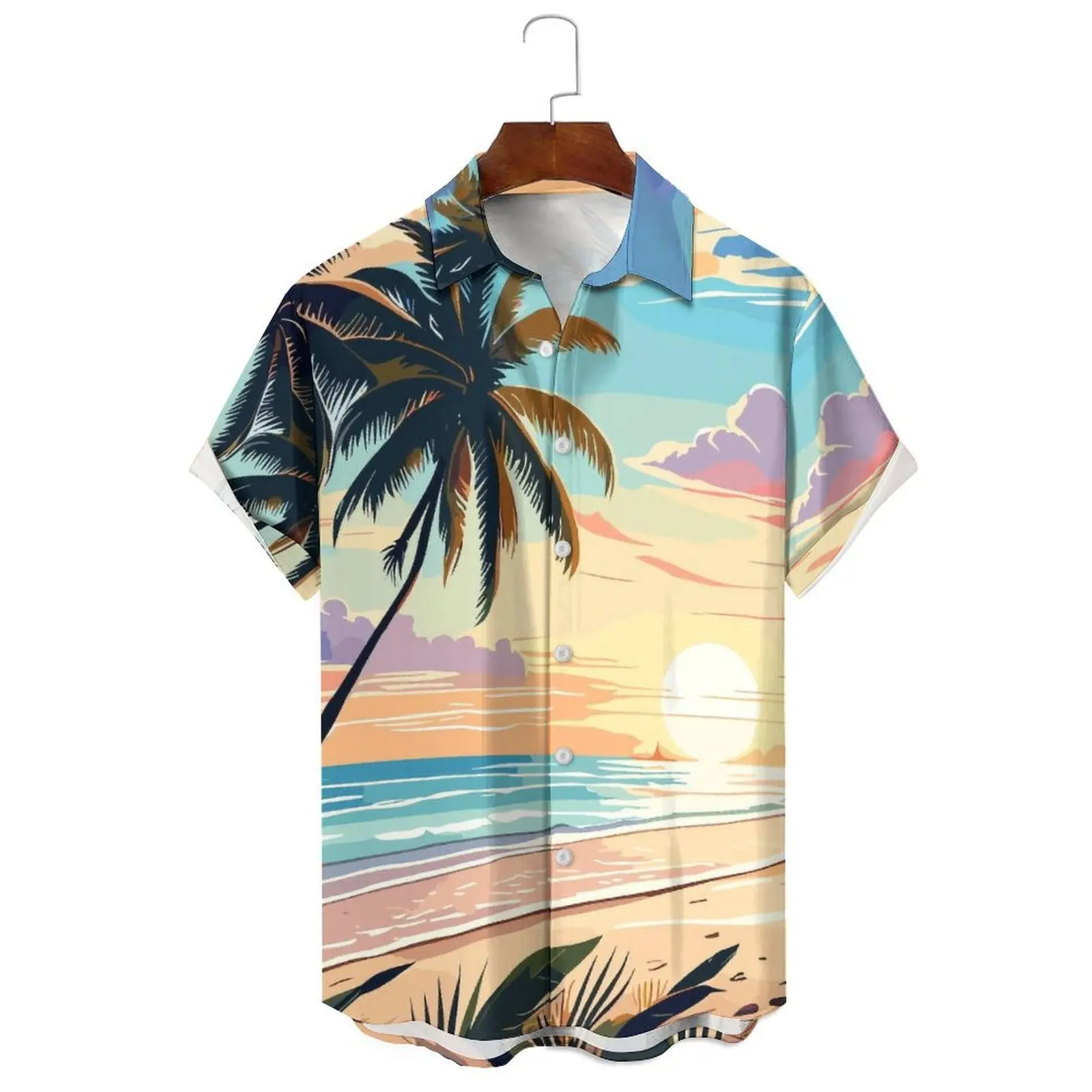 

Stylish Summer Men's/Women's Casual Loose Cartoon Seaside Landscape Illustration Irregularly Printed Lapel Short-Sleeved Shirt