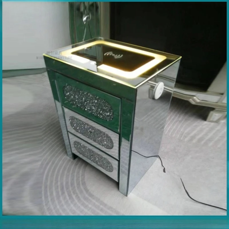 mirror bedroom three-pump locker fashionable smart bedside table multi-function wireless charging rhinestone bedsid