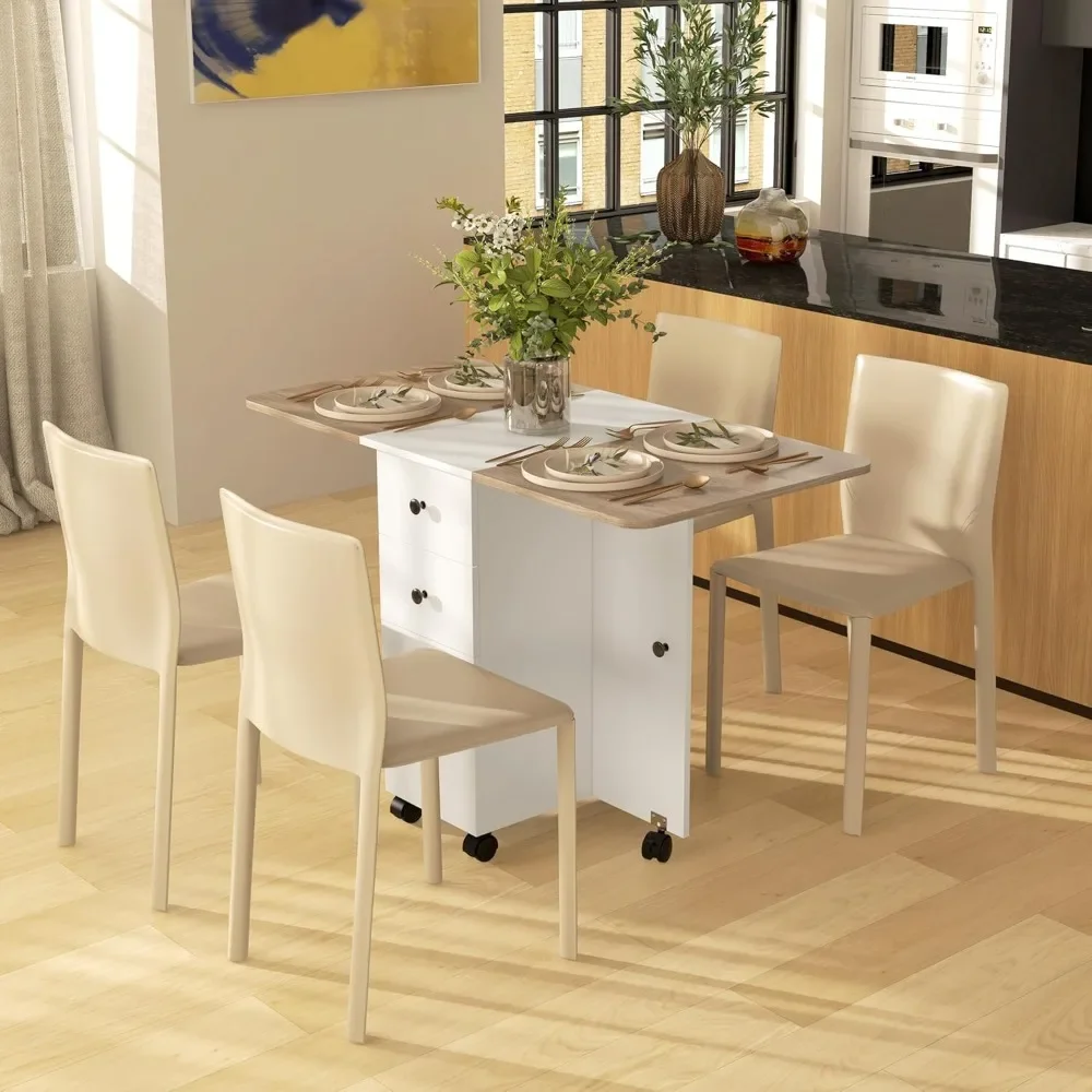 Mesa de comedor plegable para 4-6, mesa rodante con cajones de almacenamiento, mesa de cocina extensible con ruedas