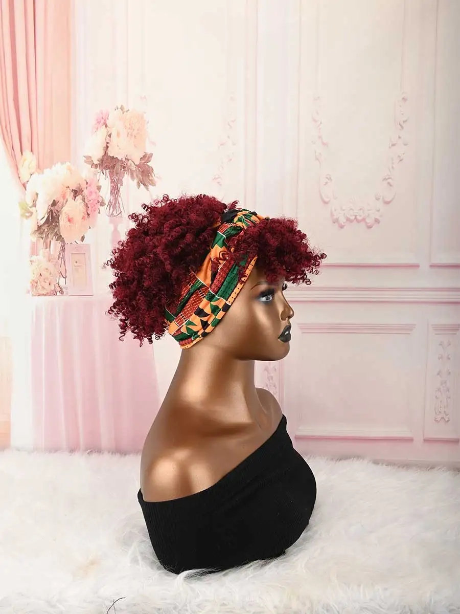 Headband Wig Curly Headband Wig With Bangs For Women Synthetic Afro Curly Hair Wig With Headband Attached Short Kinky