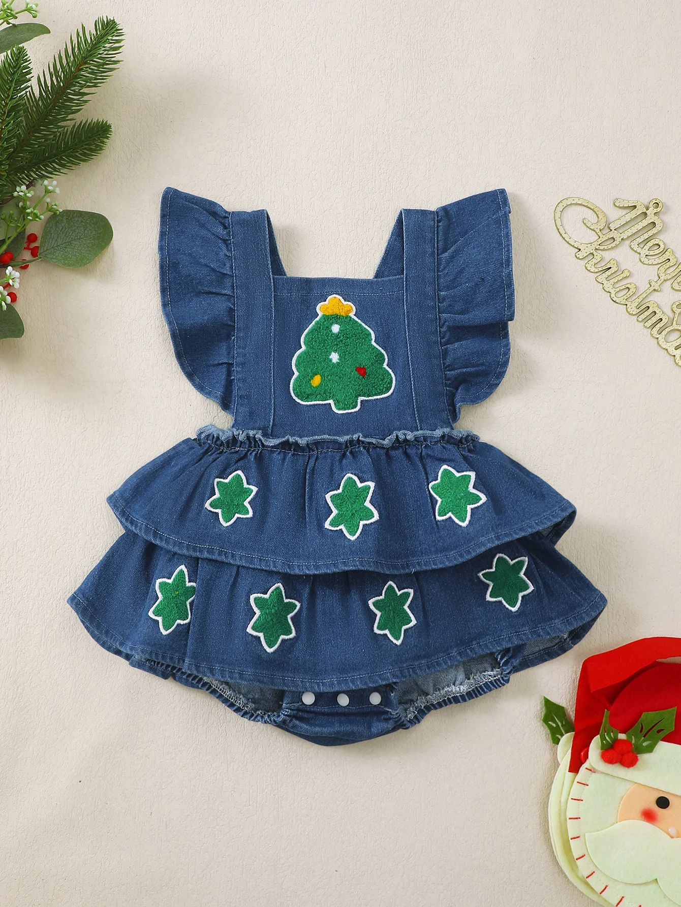 Baby Girl Christmas Tree Embroidered Towel Hemmed Lace Bib Dress Infant Clothing Holiday Outfit Girls Dress