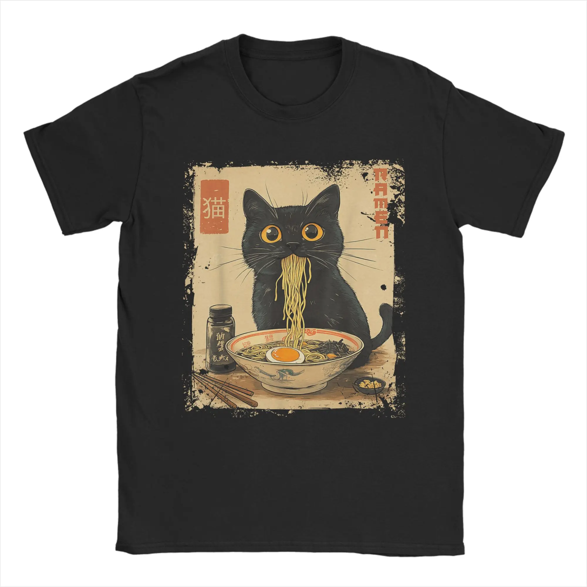 Cat Ramen Anime Kawaii Cat T-Shirts for Men  Novelty 100% Cotton Tees Crew Neck Short Sleeve T Shirts Gift Clothing