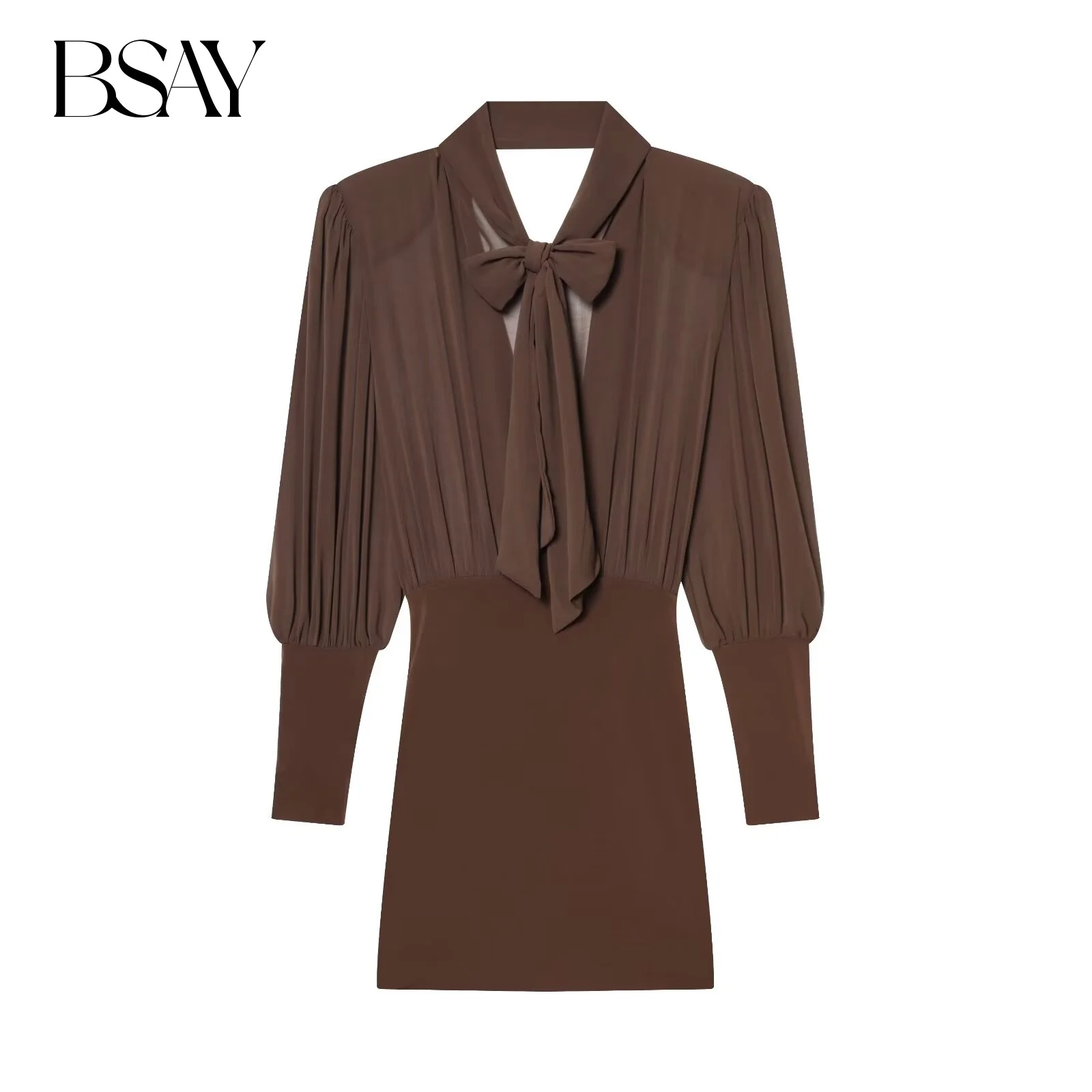 BSAY Bogen Kurzes Kleid Frauen Mode Herbst Winter Neue Falten sexy Backless Lange Ärmel Frankreich Weibliche Abendkleider Mujer