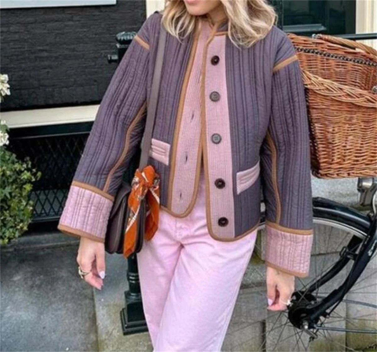 Autumn Winter Quilted Coat For Women Loose Long Sleeves Single Breasted Jacket Lady Fashion Contrast Color Coats Street Outwear