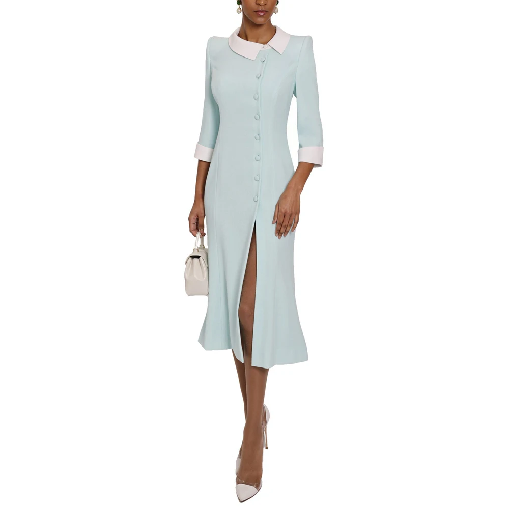 Customized Elegant Front Button Mother of the Bride Dress Side Split Mermaid Wedding Guest Dress with 3/4 Sleeve Tea Length