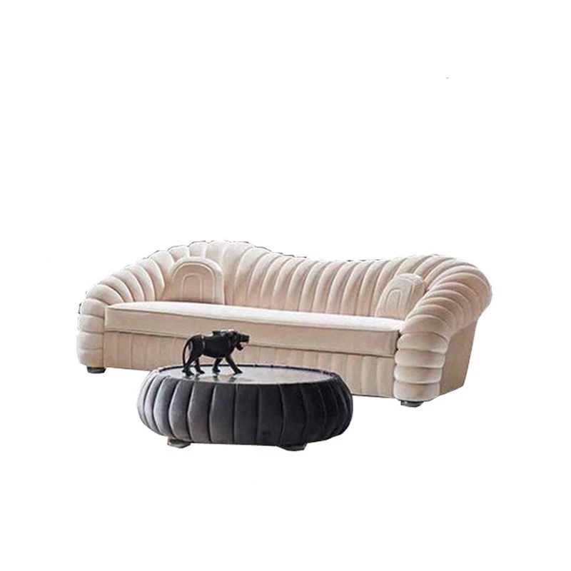 Light luxury living room three-person sofa, beige flannel fabric home meeting sofa