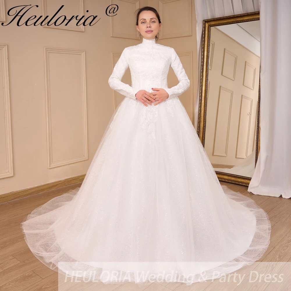 HEULORIA Luxury Princess Wedding Dress long sleeve bridal dress Plus size Lace Bride Robe De Mariee Muslim Wedding dress