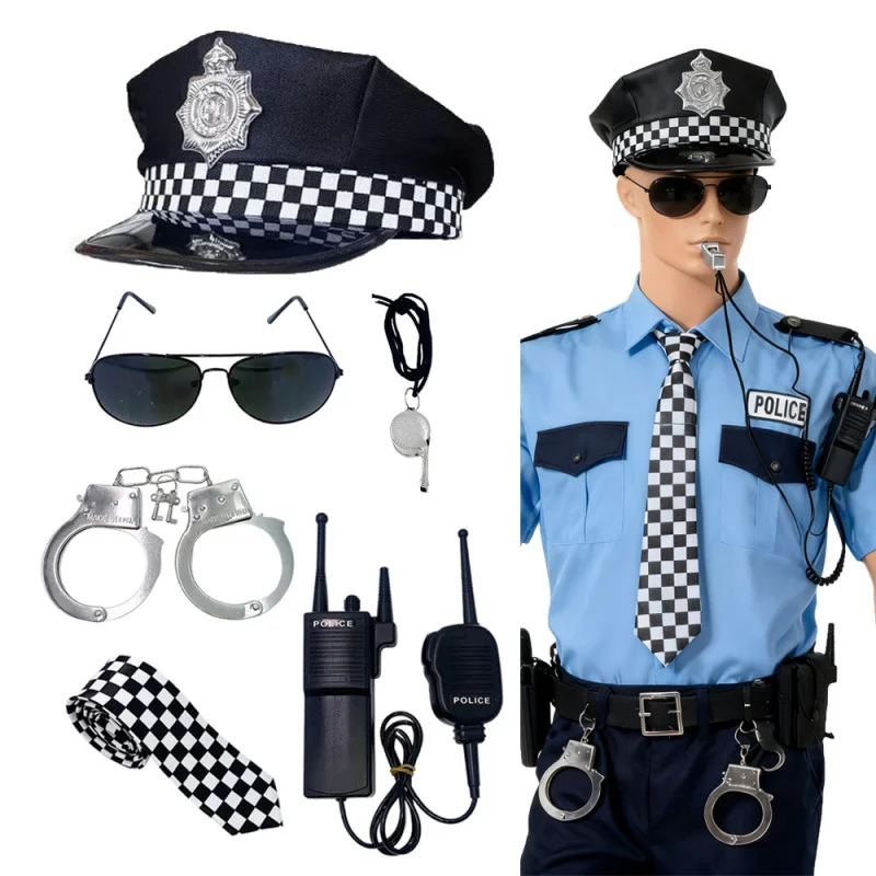 1/2/3/4/5/6 pcs Plaid Police Hat Tie and Handcuffs Set for Holiday Party cosplay Role-playing unisex polices costume accessories