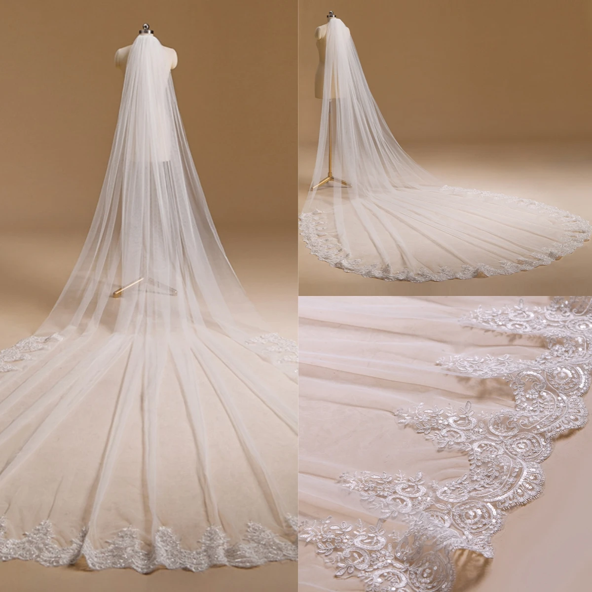 

Elegant Wedding Veil Long Cathedral Lace Flower Appliques One-Layer Wedding Veils With Comb 350cm Length 300cm Width Bridal Veil