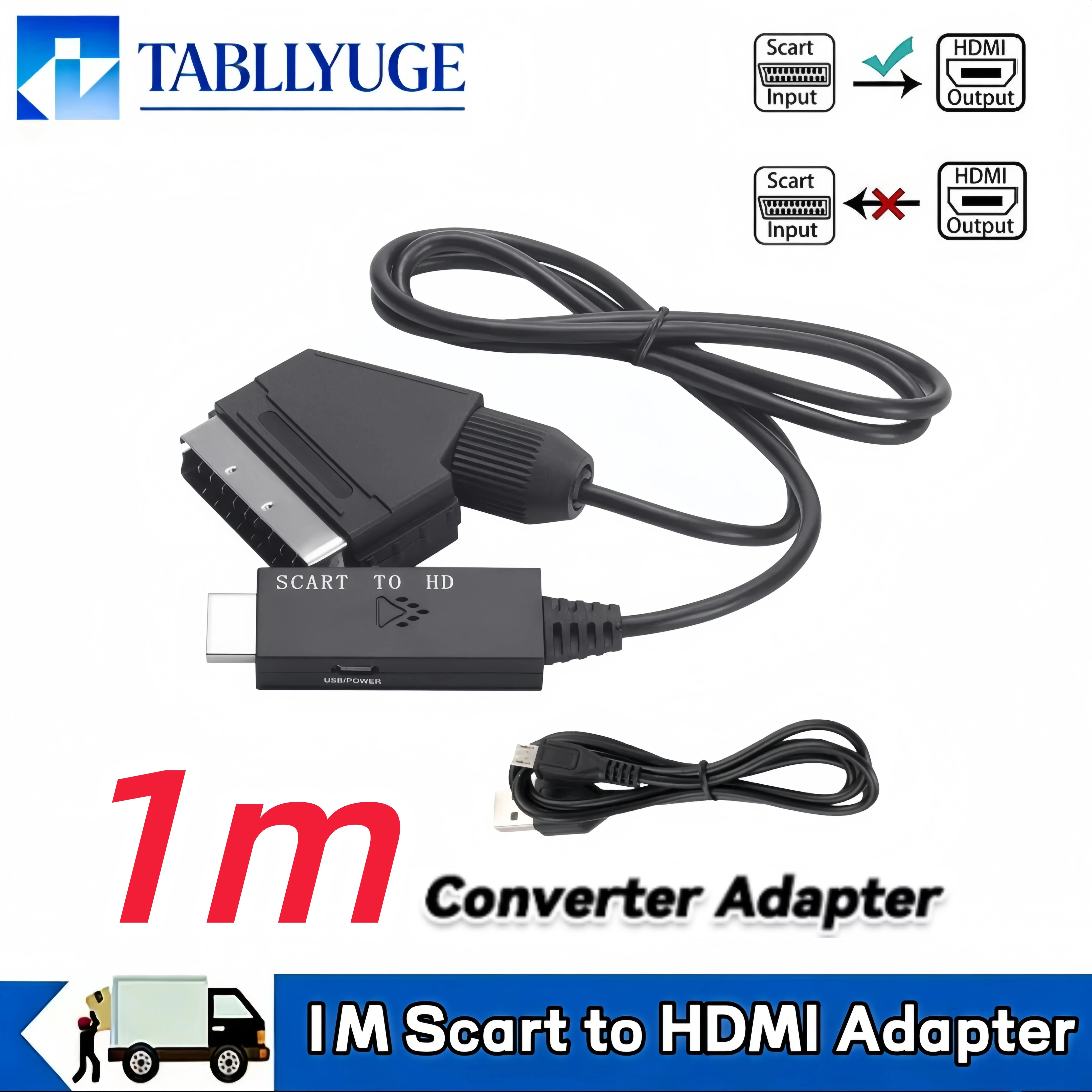 Adaptador Scart para HDMI compatível com 1080P, com cabo de entrada Scart para HDTV, STB, VHS, DVD Player