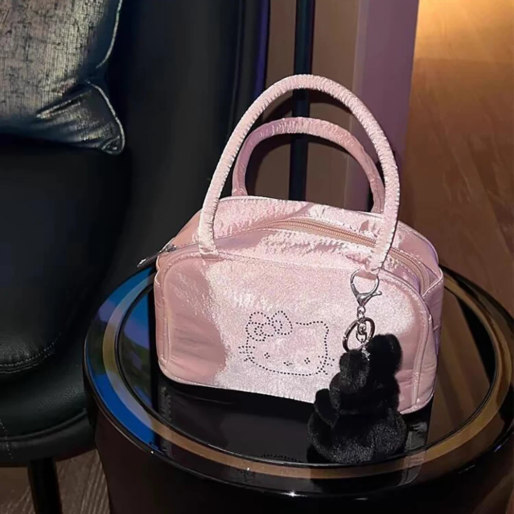 Miniso Hello Kitty Handbag Cute Pink Nylon Shoulder Bag Cartoon Rhinestone Design Zipper Crossbody Bag Anime Dopamine Tote Bag