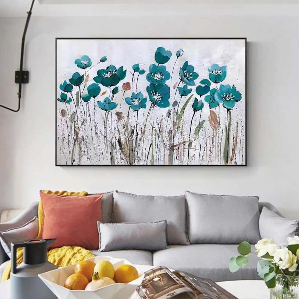 

Mintura Handpainted Many Blue Flowers Oil Painting on Canvas Wall Art Picture for Living Room Modern Home Decor Abstract Artwork