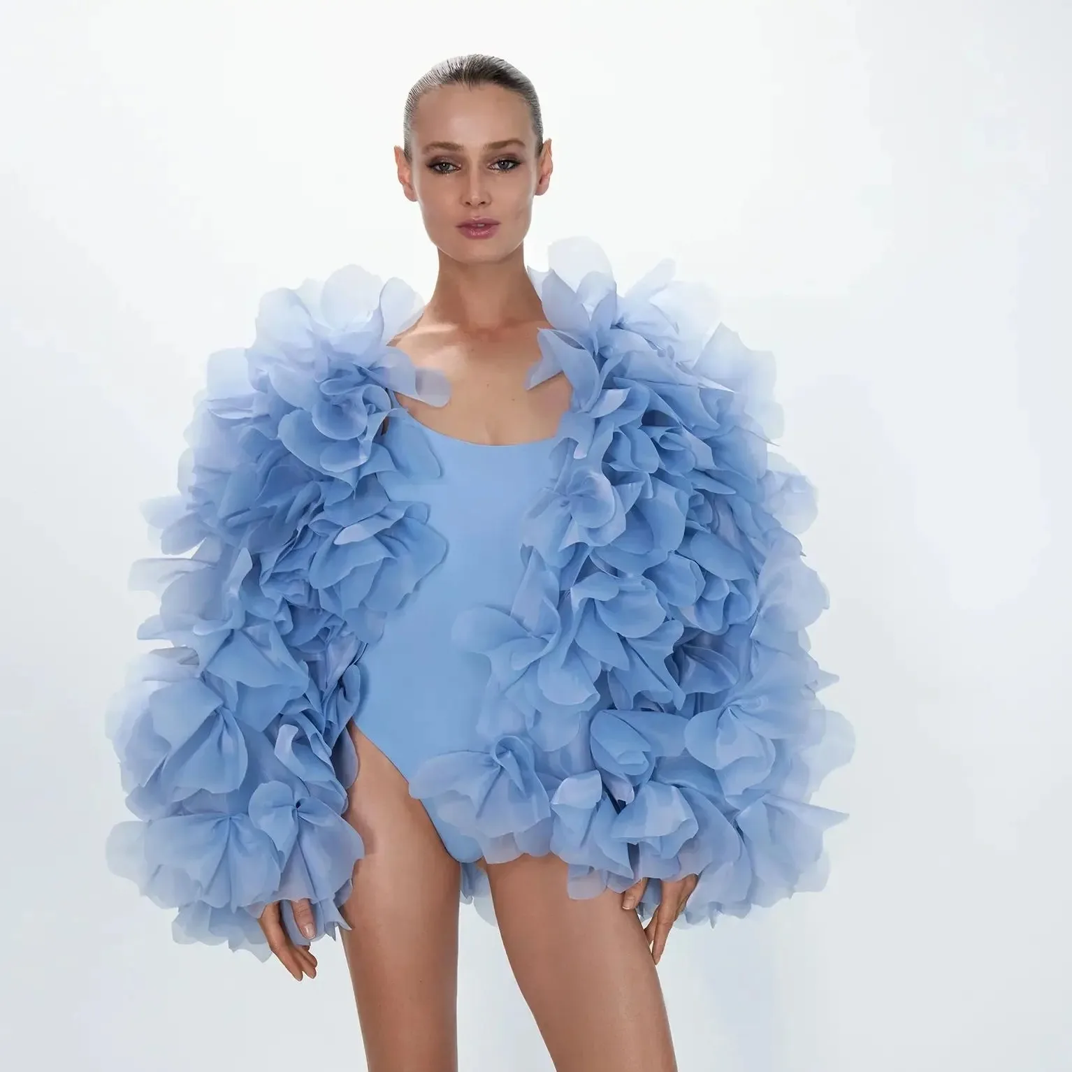 Jaquetas femininas azuis moda blusa de organza capa feminina oversize jacekt casaco com mangas em camadas