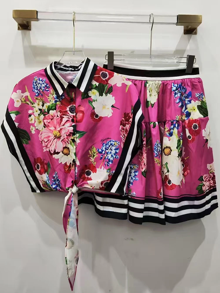 

Vintage print patchwork striped lace-up shirt two-piece 2025 summer women's wear + pleated loose hem A-line skirt fashion suit