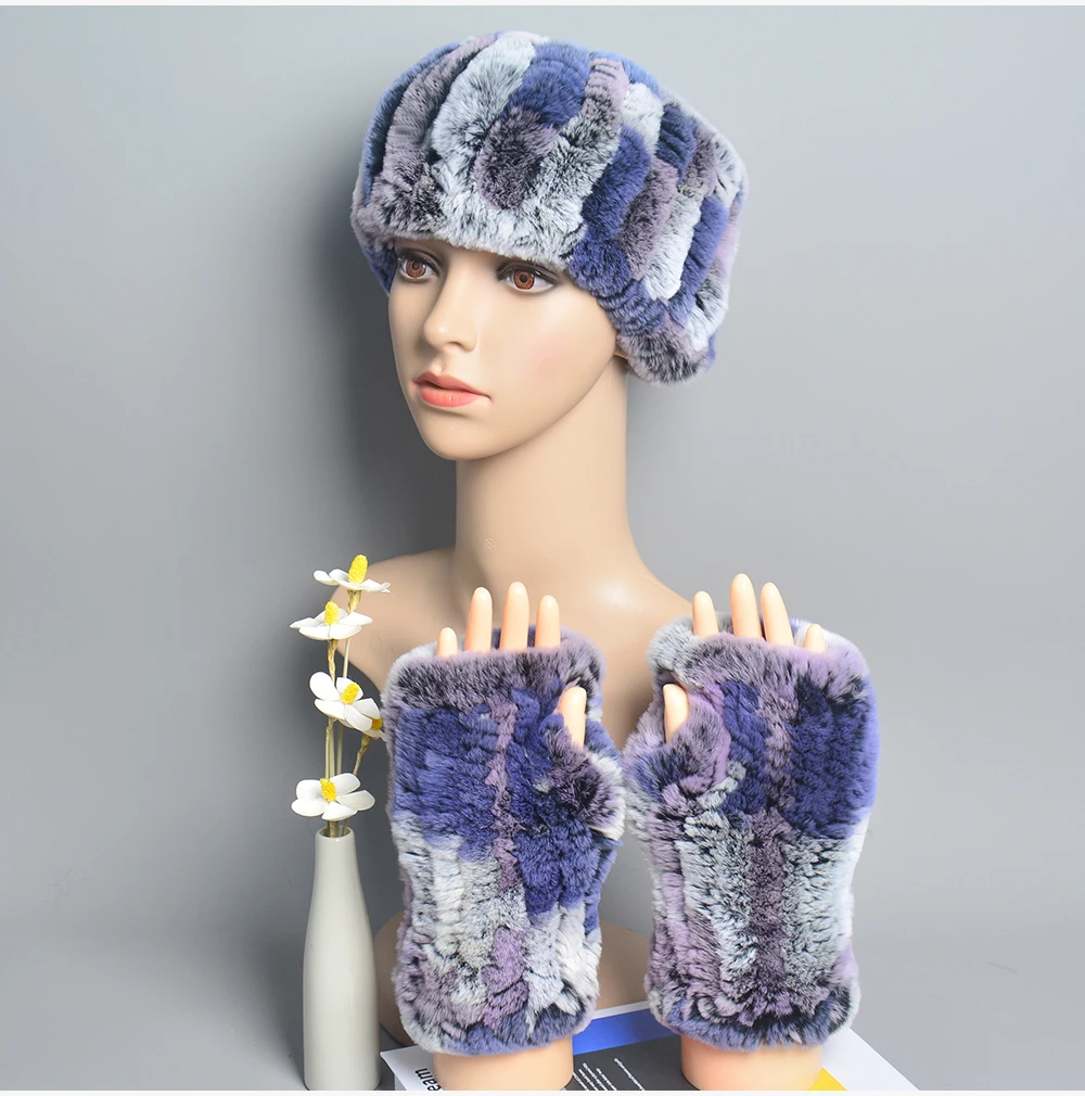 One Set Women Real Rex Rabbit Fur Cuff+Headband Winter Warmer Hat Arm Wrist Sleeve Gloves Female Real Fur Cap+Elastic Wristband