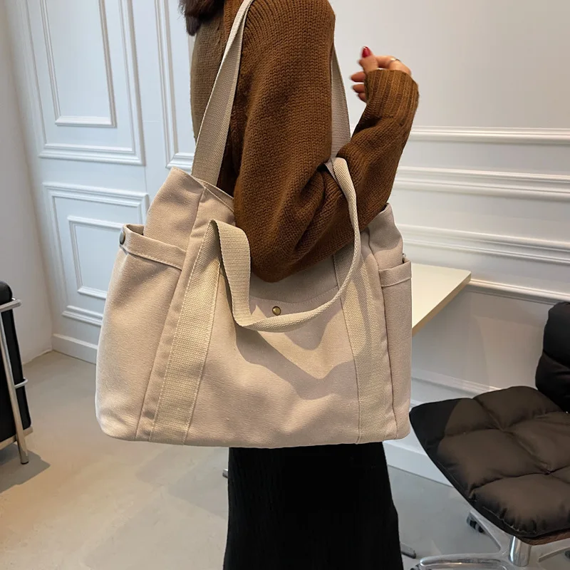 Casual canvas bag Women's large capacity ins fashion hand bill of Lading shoulder bag simple shopping bag canvas Tote bag