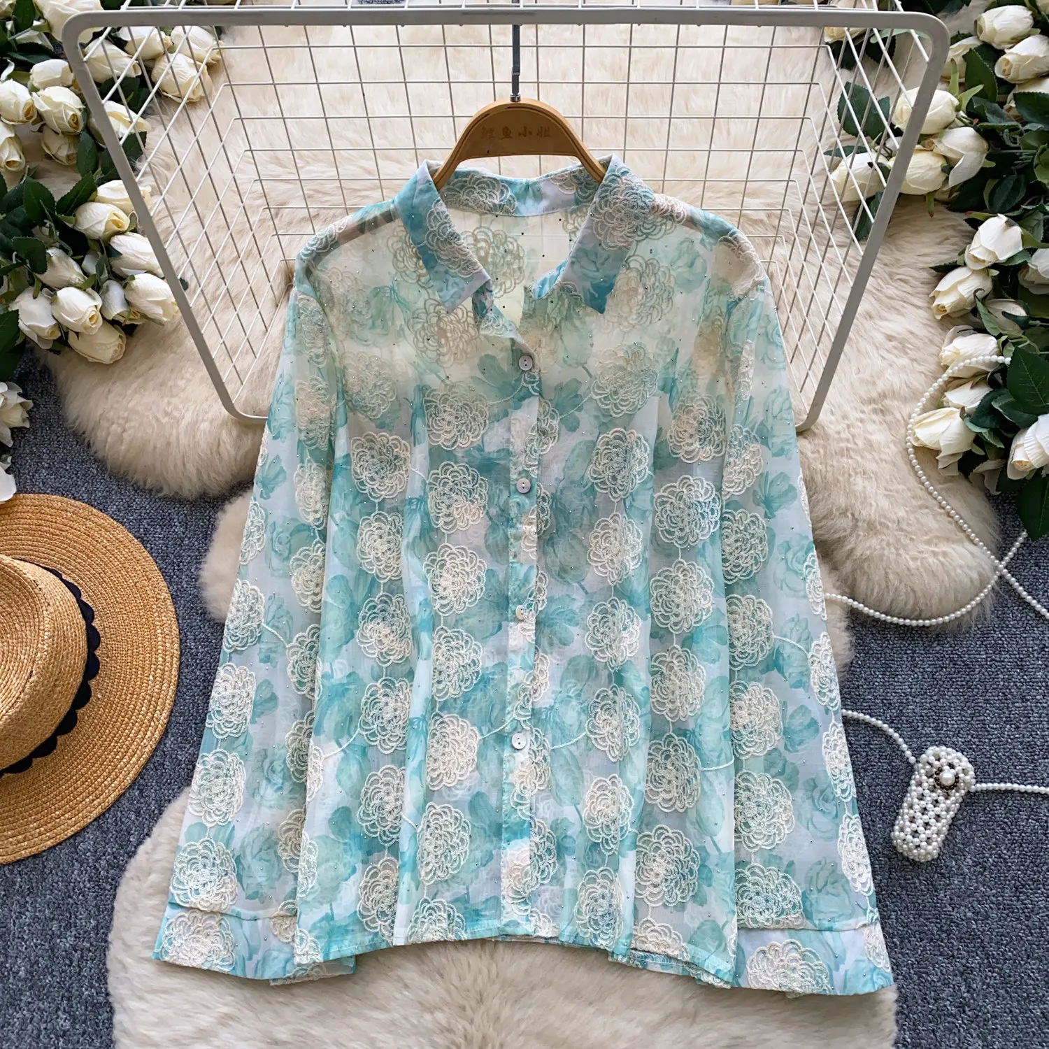 

Women's Shirt Elegant French Romantic Blouse 3D Floral Embroidery & Sparkling Rhinestones Loose Fit Shirt OL Female BL469