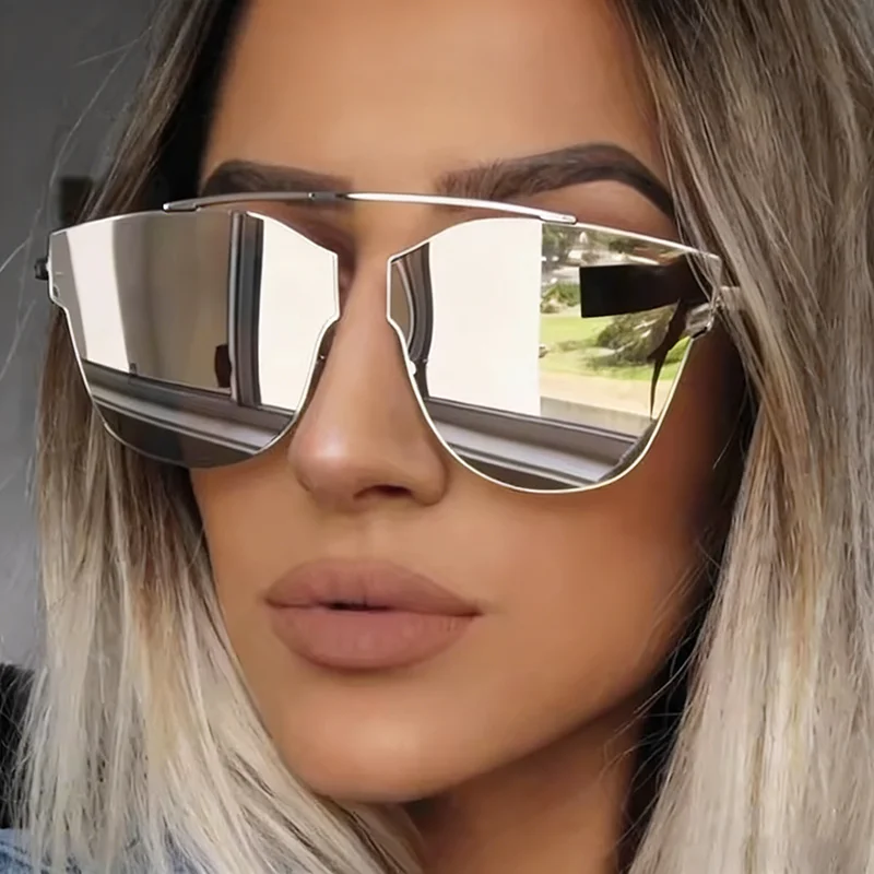 Neue Trendige Piloten-Sonnenbrille im Cat-Eye-Stil für Damen Luxus-Markendesigner Rosa Lila Silber Film-Spiegelgläser Sonnenbrillen