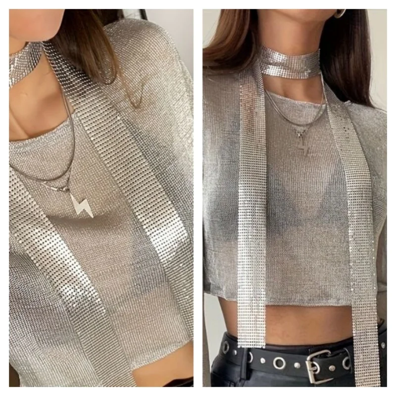 Damen Glänzender Strass-Kettenmail-Schal-Choker – Langer Halswickel für Party, Nachtclub, Rave, Festival – Silbernes Statement-Accessoire – Detail 3