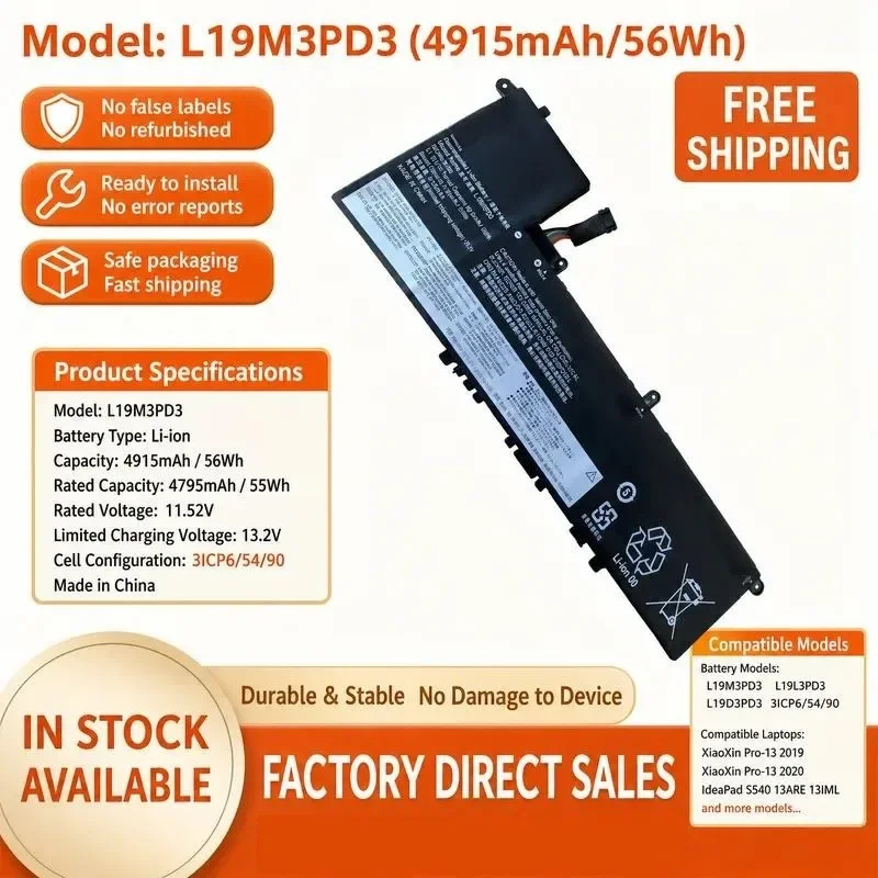 [NEW] 11.52V 56Wh Laptop Battery L19M3PD3 L19L3PD3 for Lenovo for Xiaoxin Pro 13 2019 2020 S540‑13IML S540‑13ARE Battery