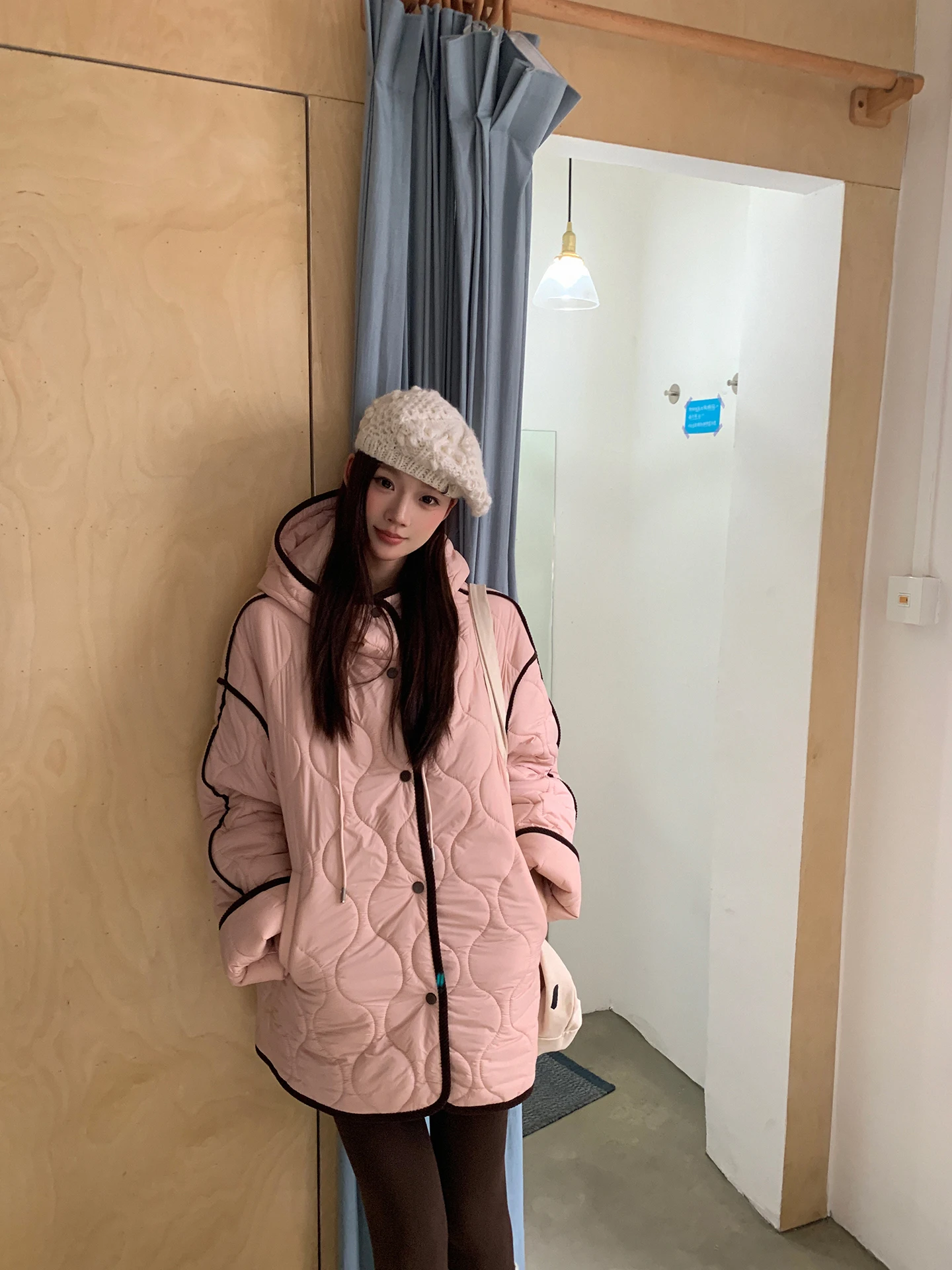 

Winter Thiened Pink Cotton Jaet Women's Sle New Arrival 2025 Commute Simple Straight Cut Long Sve Hooded Coat