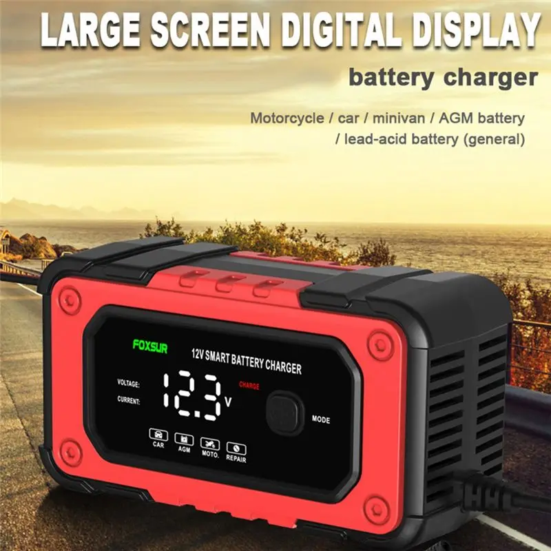 FOXSUR 12V 6A Smart Battery , Intelligent Fast Power Charging Digital LCD Display Car Motorcycle Battery -US Plug