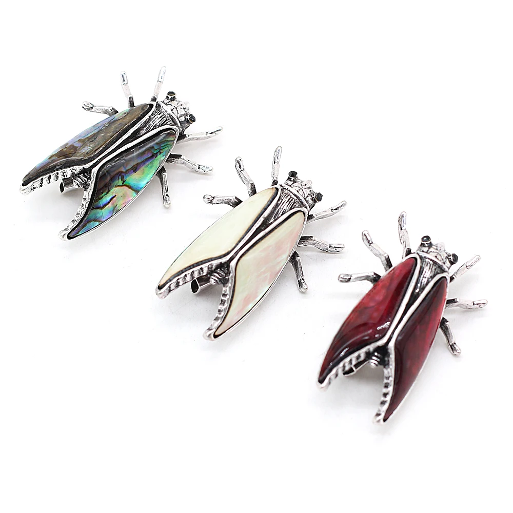 1pc 28x40mm Insect Alloy Brooch Natural Shell Abalone Shell Pendant Charms for Jewelry Making Supplies DIY Necklace Accessories