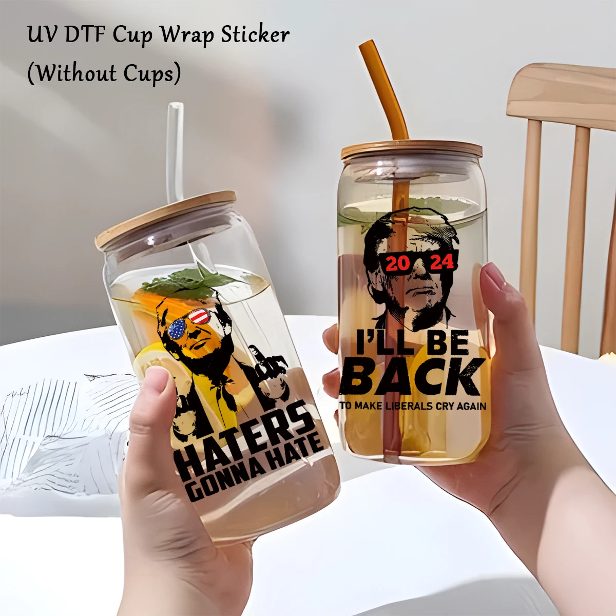 4Pcs Trump Theme UV Transfer Sticker,I Will Be Back,Personalized Glass Cup Decoration Wrappers Sticker,Party Label Sticker