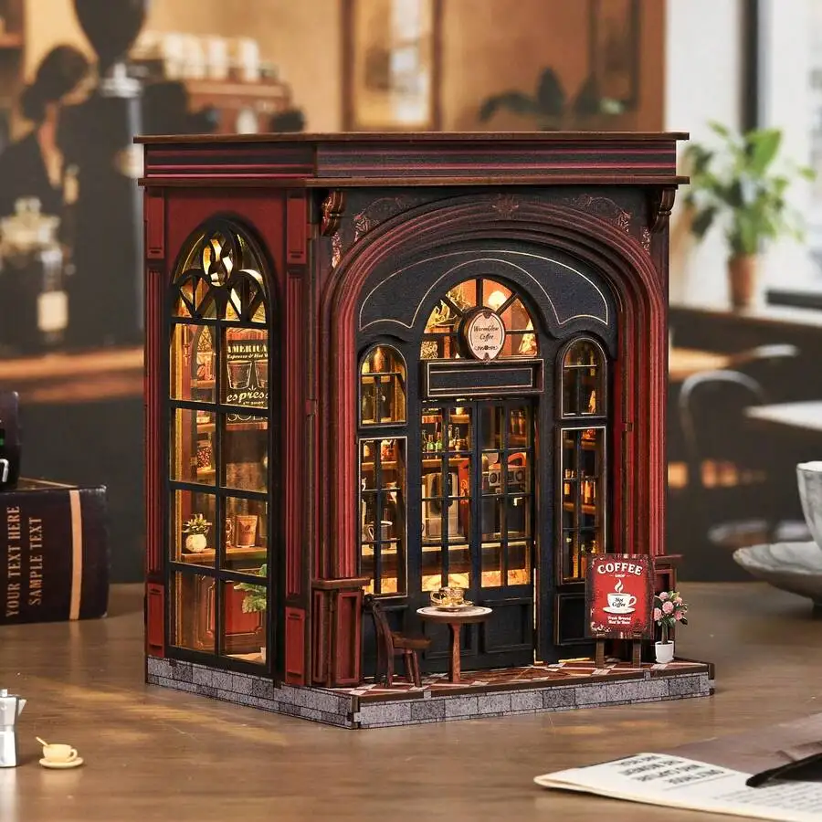 DIY Book Nook Kit, Warm Glow Café 3D Wooden Puzzle Miniature House, Bookshelf Decor DIY Craft For Adults & Teens (14+), Gift For