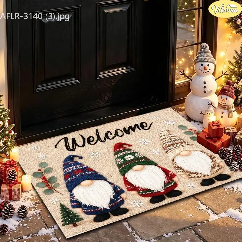 VIKAMA Burlap Gnome Welcome Tree Snow Plush Velvet Door Mat Non Slip Welcome Rug for Christmas Soft Cozy Aesthetic Home Decor