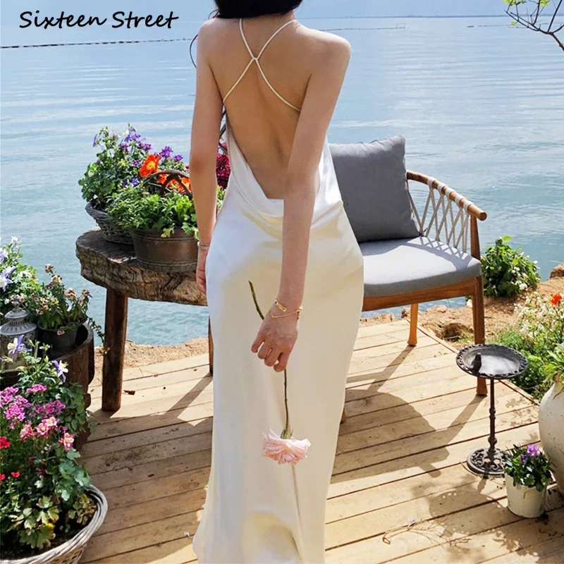 White Satin Dress for Women Backless Spaghetti Summer Beach Elegance Maxi Vestido Party Sleeveless Evening Dresses Women