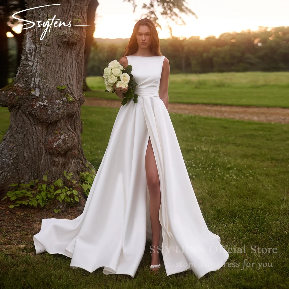 

SSYTENS Simple A-Line Wedding Dresses Sleeveless O-Neck Side Slit Bridal Dress for Brides Beach Civil Wedding Gowns Customized