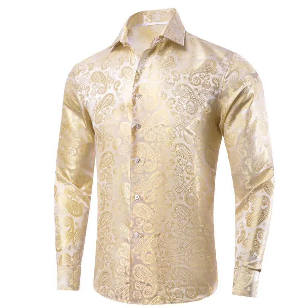 Hi-Tie Gold Beige Ivory Champagne Silk Mens Shirts Lapel Long Sleeve Dress Shirt Jacquard Blouse for Male Wedding Business Prom