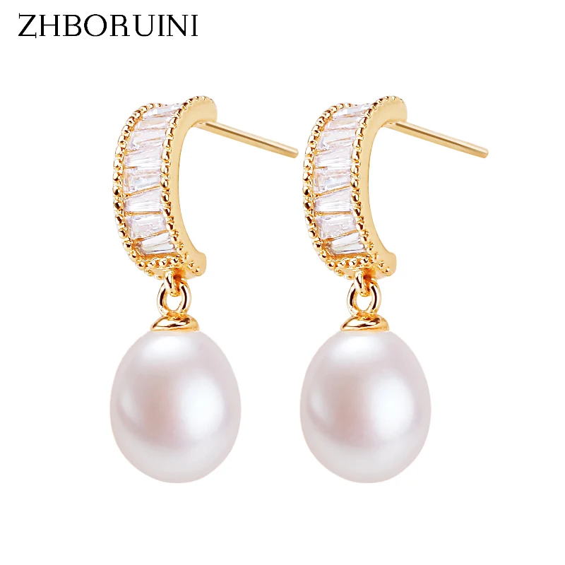 ZHBORUINI 2022 New Zircon Drop Earring 100% Real Natural Freshwater Pearl 18k Gold Gilled Pearl Earrings For Women Party Jewelry