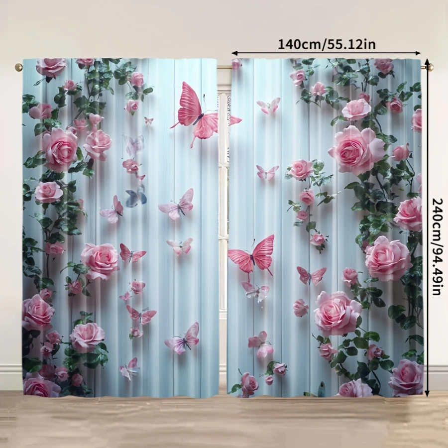 2PCS Digital Printed Curtains, Peach Pink Rose Wall Pattern, Beautiful Window Drapes for Living Room Bedroom Home Decor