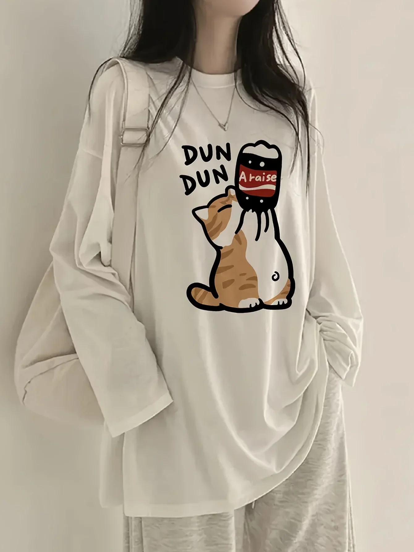 100% Cotton Casual Cute Japanese Style Cat Print Long Sleeve Round Neck T-Shirt for Women Loose Fit Kawaii Clothes