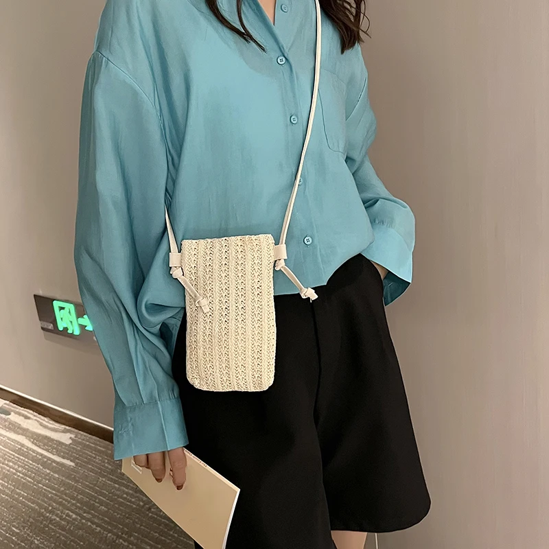 Women Fashion Small Crossbody Phone Bag Solid Color Hollow-out Woven Lightweight Straw Braided Shoulder Handbag