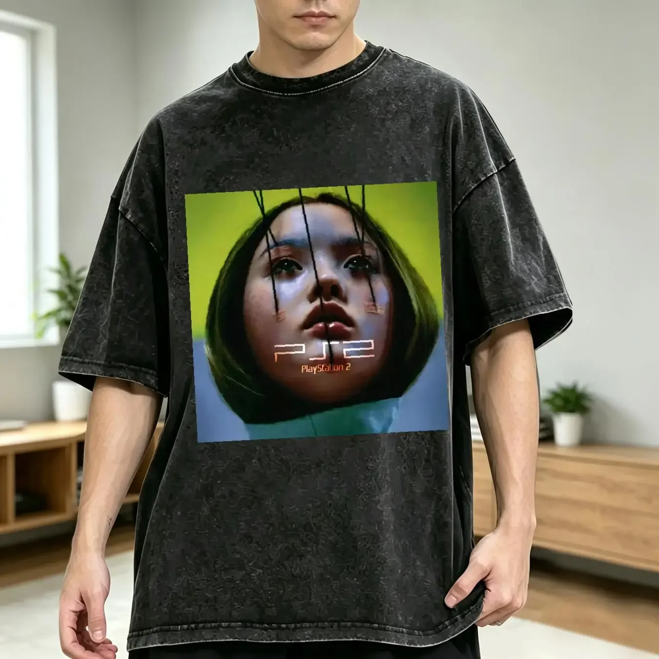 washed T Shirt Ps2 Vintage ad classic tee retro gaming 2000s videogame Y2k Style long or short sleeves vintage Washed homme