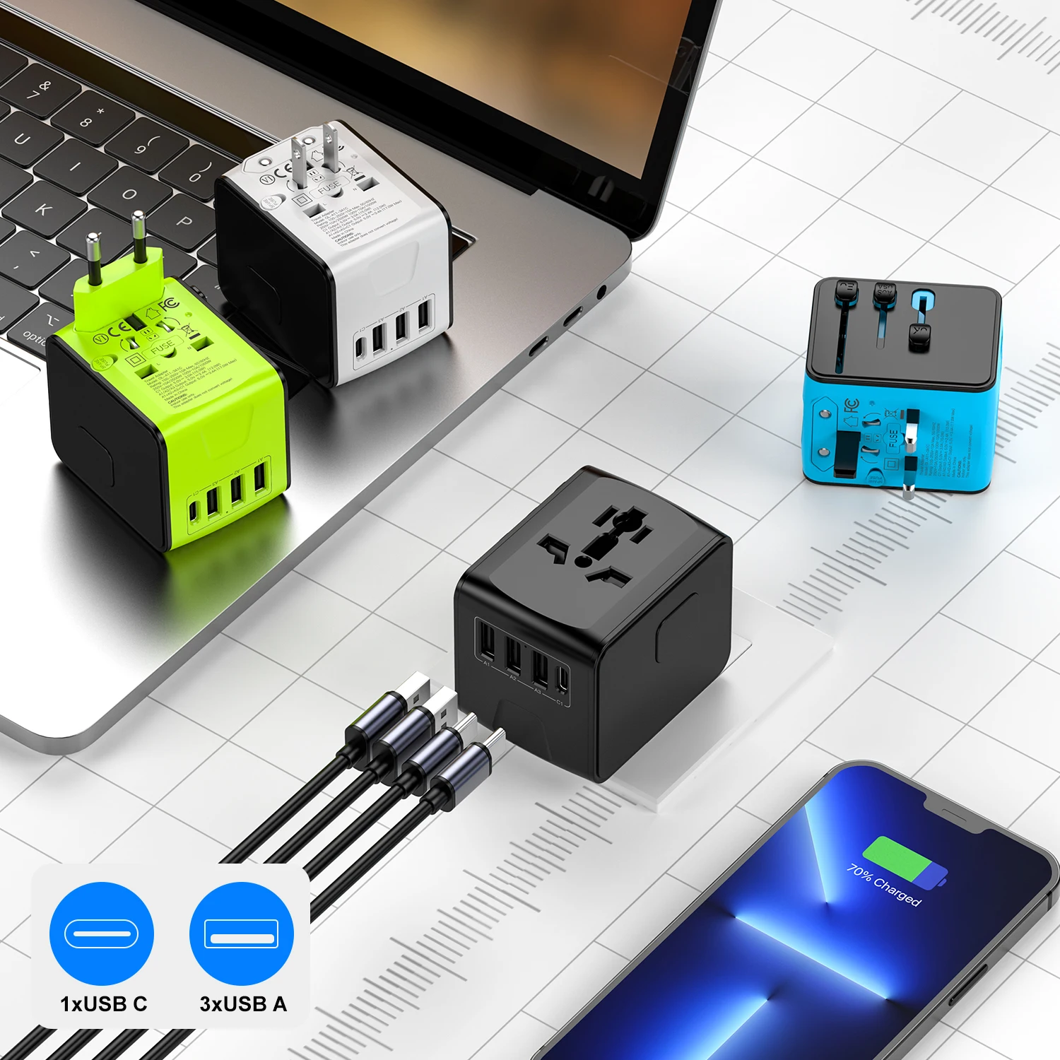 International Travel Adapter with 4 USB Ports(3.4A) Type C & USB-A Fast Charging Universal Wall Charger for Europe US UK AU CA