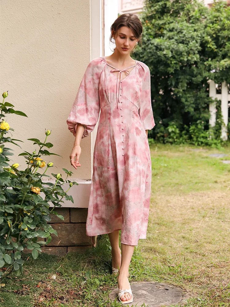 

OLrain Women's Long Dress 2025 Autumn French Style Lace-up O Neck Floral Print Long Sleeve Elegant Holiday Dress O24CL89399