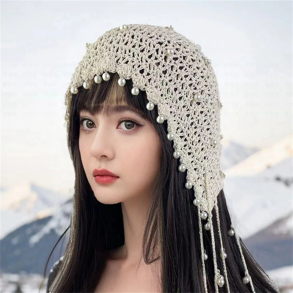 Handmade Hollow Out Pearl Pendant Strap Crocheted Hat Female Ethnic Style Ear Protection Fashion Vintage Knitted Princess Cap