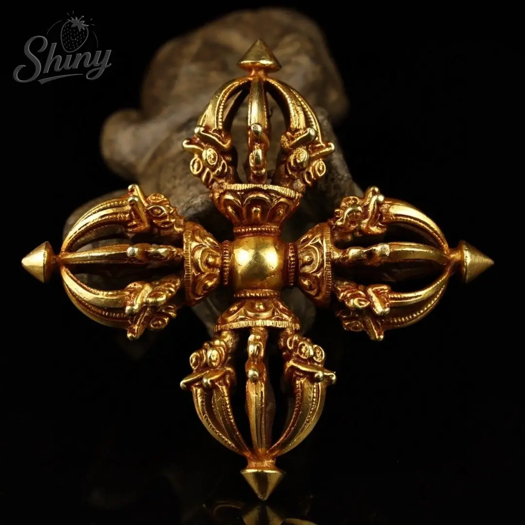 Antique Tibetan Cross Vajra Pure Copper Handcrafted Gilded Esoteric Buddhism Ritual Objects