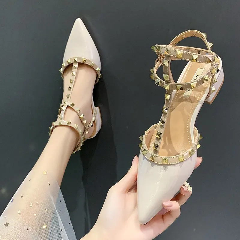 Pumps Women New Fashion Slingbacks Buckle Sandals Spring Female Pointed Toe Rivet Shallow Sexy Dress Party Low Heels Shoes