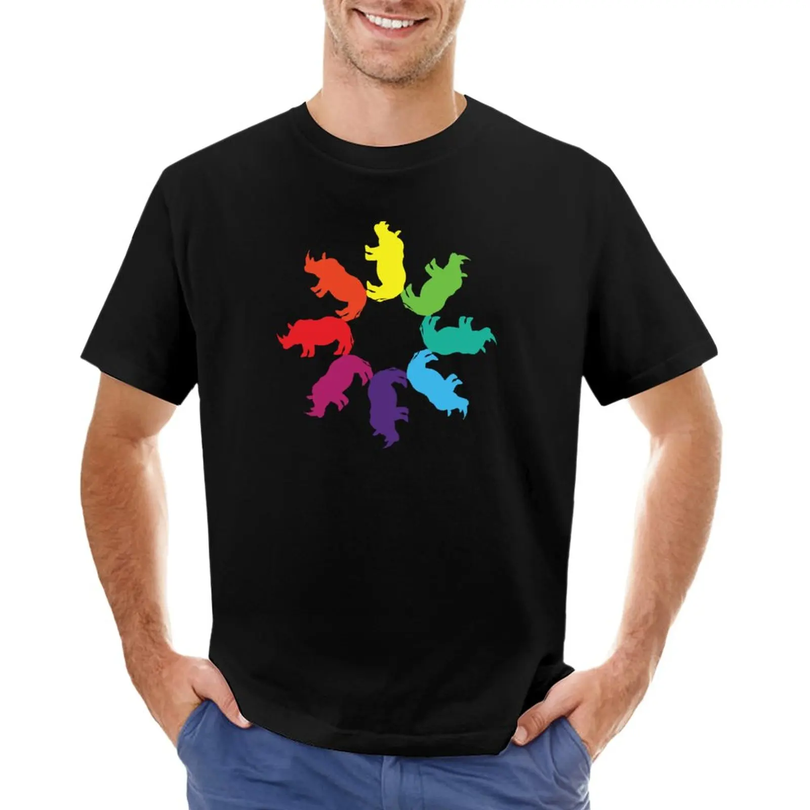 Color: White Rhino Rainbow Pinwheel T-Shirt tees animal prinfor boys new edition for a boy mens vintage t shirts